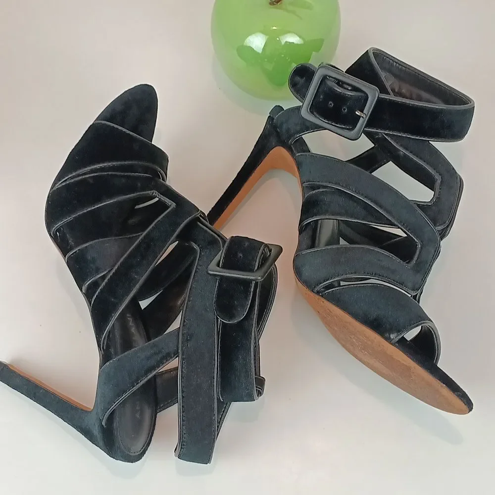 ANTONIO MELANI Aveet Women Black Strappy Velvet Open Toe Heels sx 8.5 M